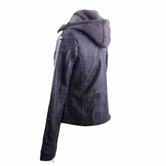 Distressed Biker Black Leather Jacket w/ Hoody Silver Studed Zippered Chrissie - Picture 7 of 8
